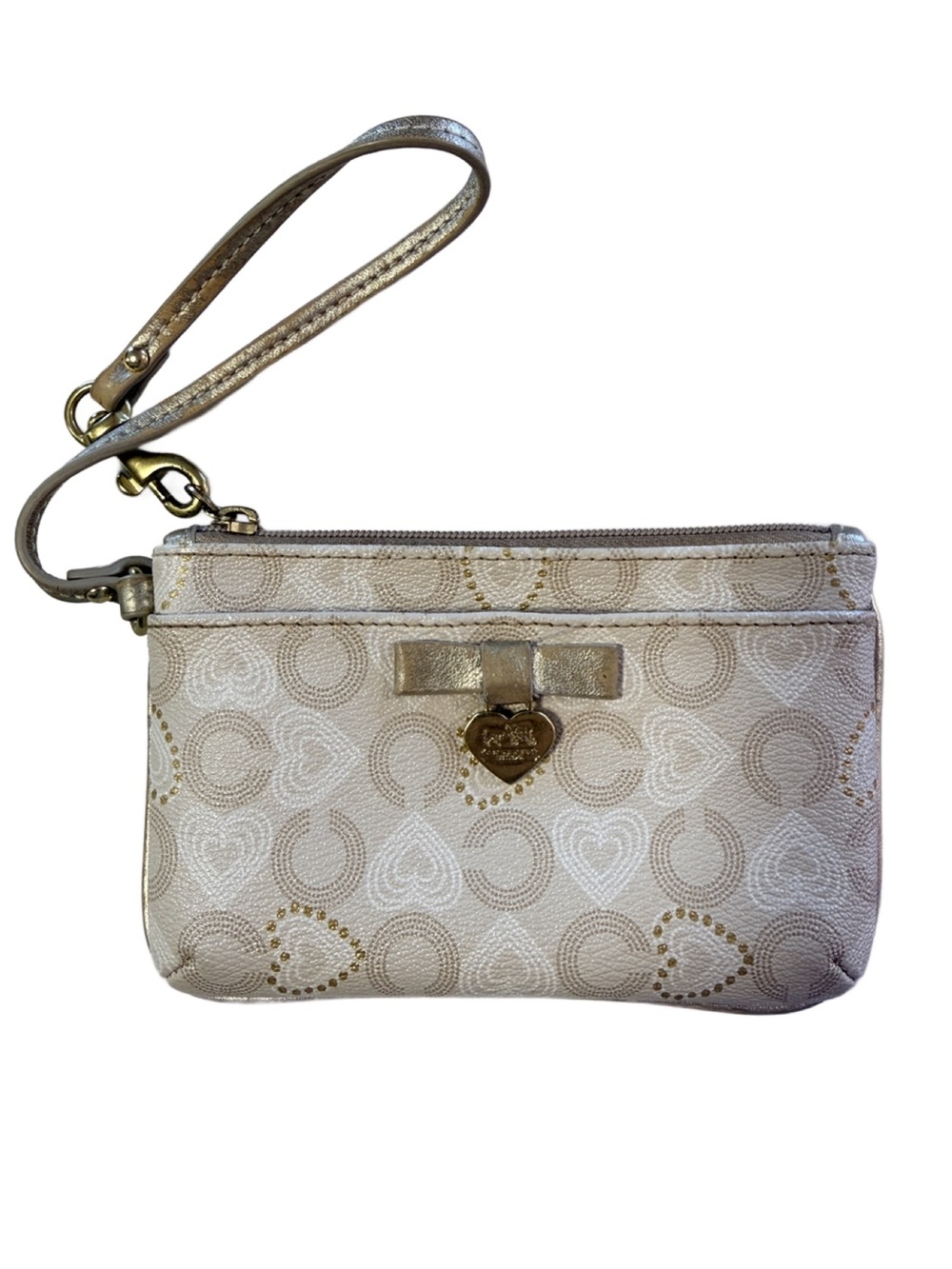 Coach Poppy Signature Heart Charm Wristlet Metallic Gold White Y2K